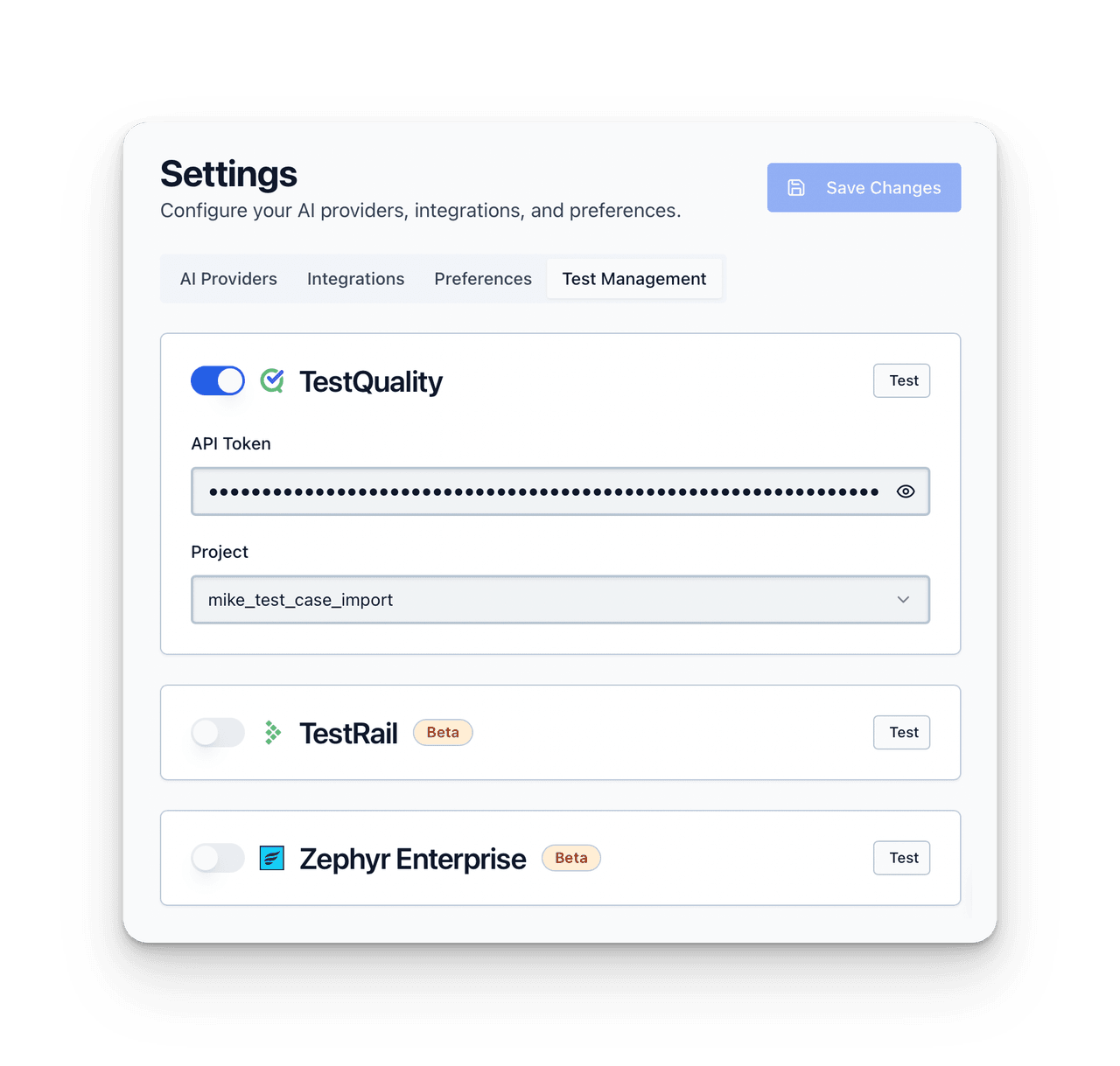 TestStory AI integrations with TestQuality, TestRail, and Zephyr test management platforms